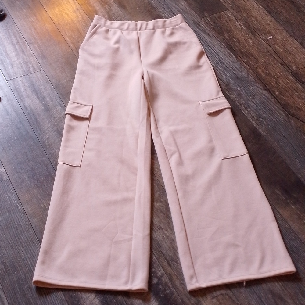 Cream High Waisted Pants Soft Stretchy Fabric Flair Wide Leg Bell Bottoms Pocket